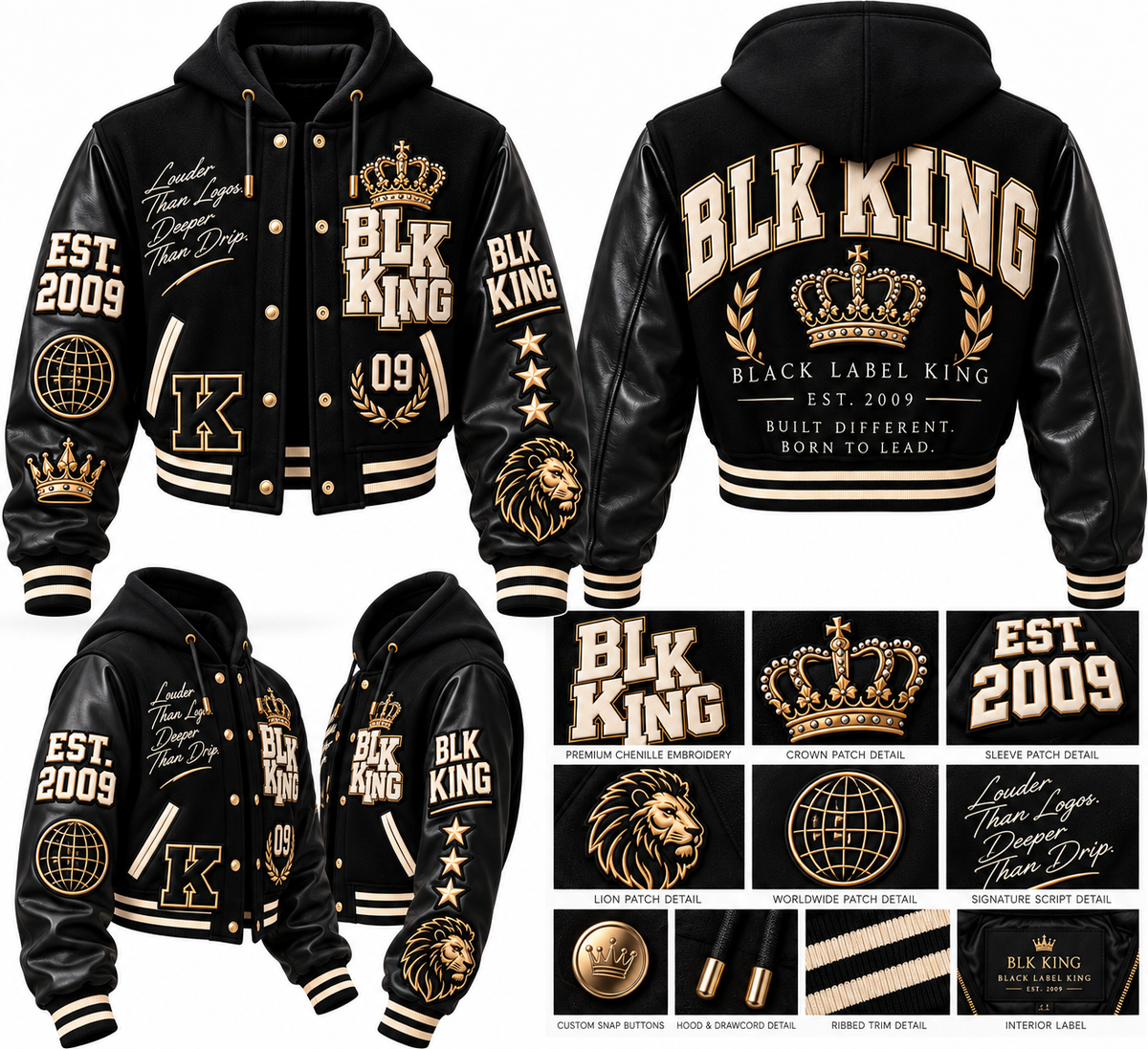 ****PRE-ORDER****  BLK MDNA X BLK KING™ Heritage Varsity Jacket | Luxury Streetwear Outerwear